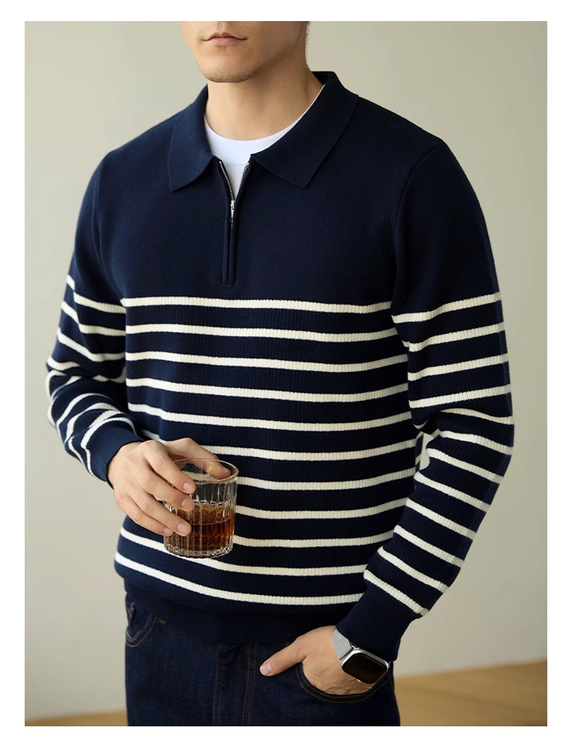 Men's Spring And Autumn New Half Zipper Striped Business Casual Sweater - enhanced image 2