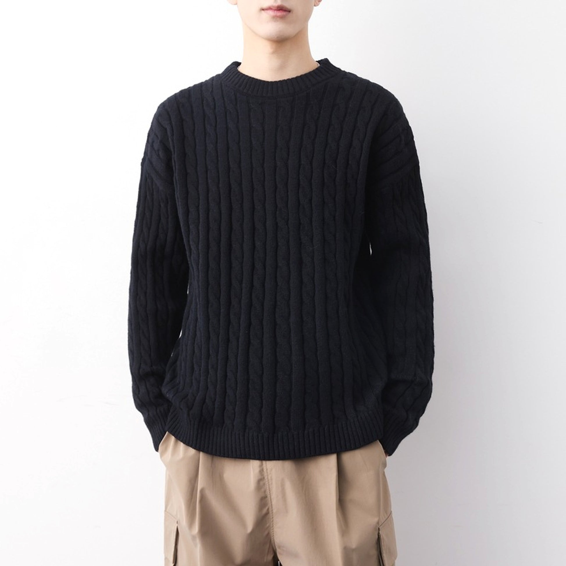 Men's Thick Solid Color Loose Round Neck Twisted Twisted Sweater - enhanced image 2