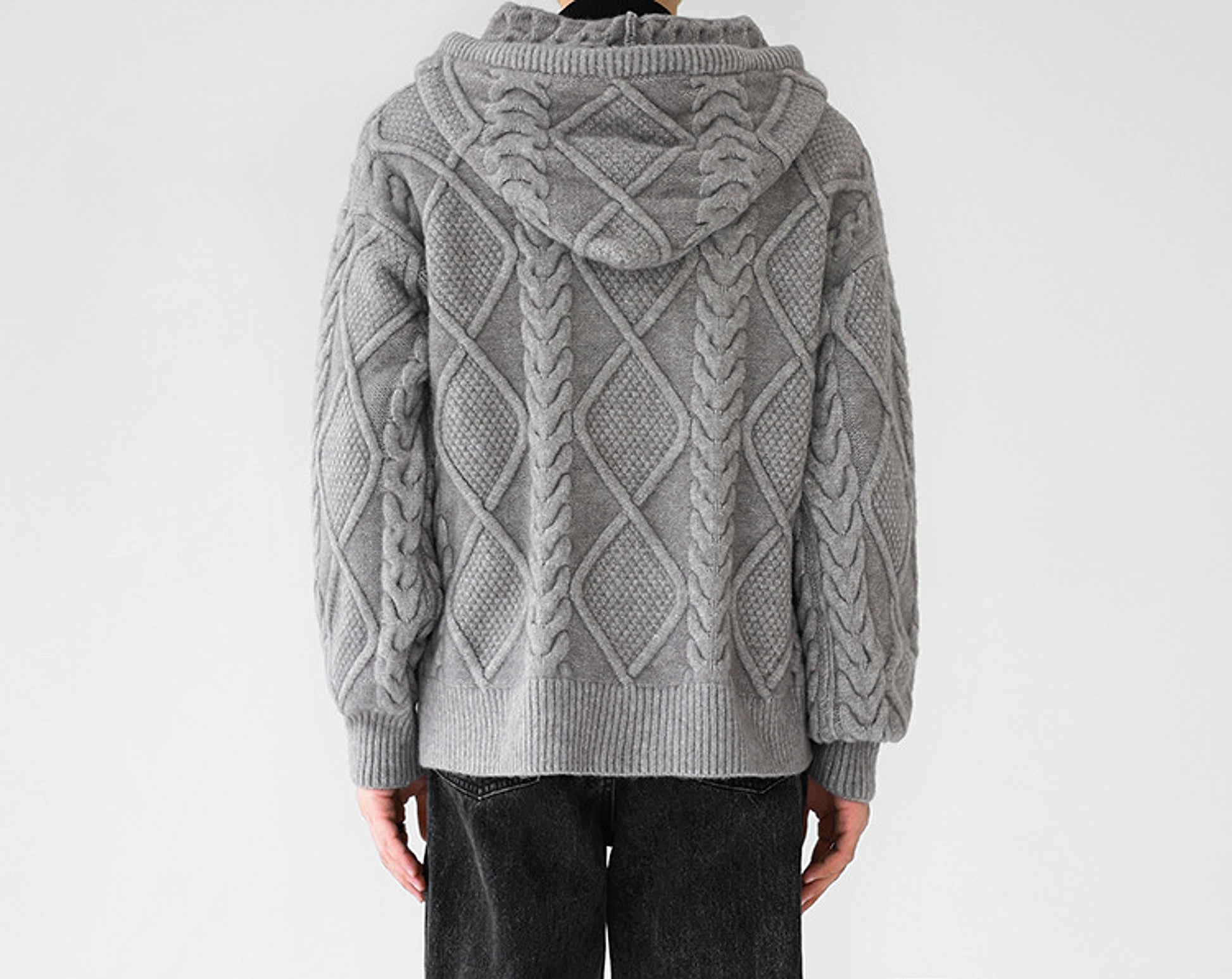 Men's Zipper Hooded Solid Color Loose Rhombus Plaid Coat - enhanced image 2