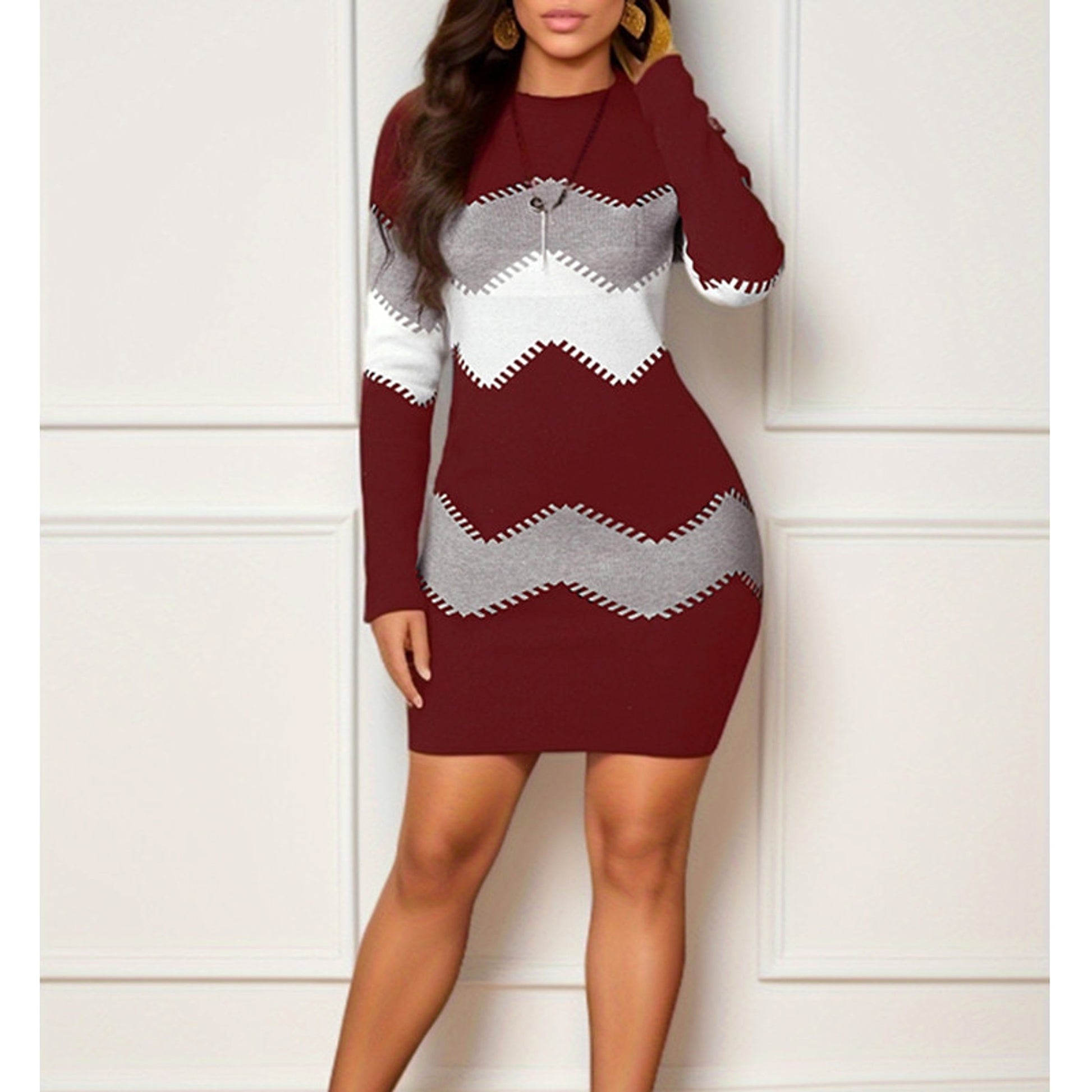 Mid-length Short Skirt Round Neck Long Sleeve Printed Knitted Sheath Dress - enhanced image 2