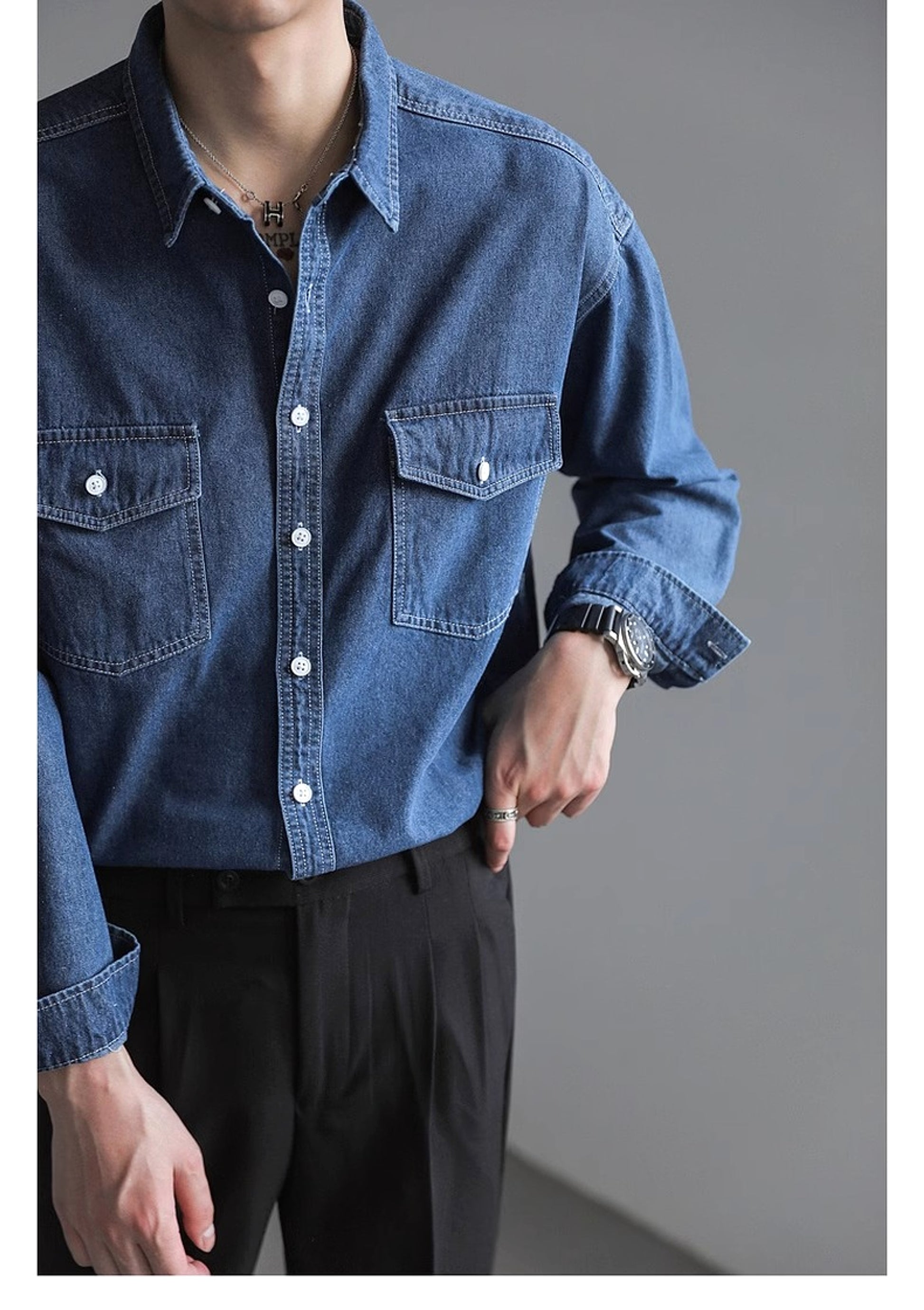 Minority Simple Long Sleeve Denim DressShirt Men's Loose - enhanced image 2