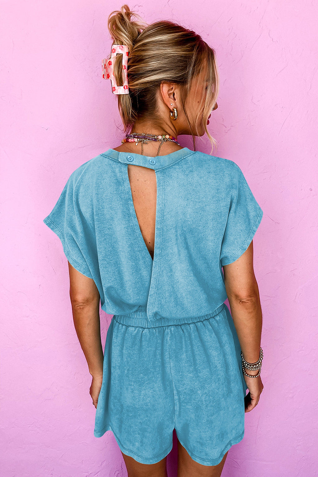 Mist Blue Mineral Wash Drawstring Waist Hollow Out Back Short Sleeve Romper - enhanced image 2