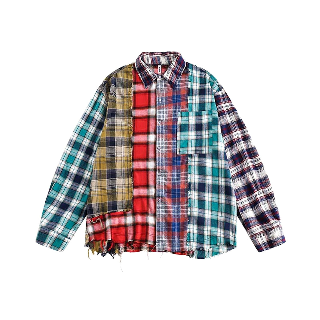 Multi-color Mosaic Plaid Fringed Hem Long Sleeve DressShirt Men - enhanced image 2