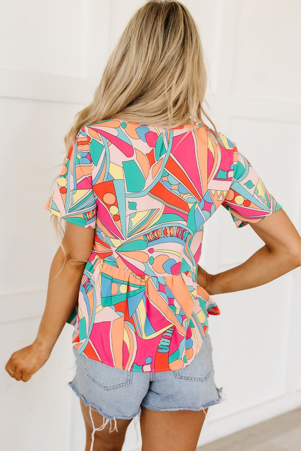 Multicolor Boho Abstract Pattern Split V Neck Flowy Blouse - enhanced image 2