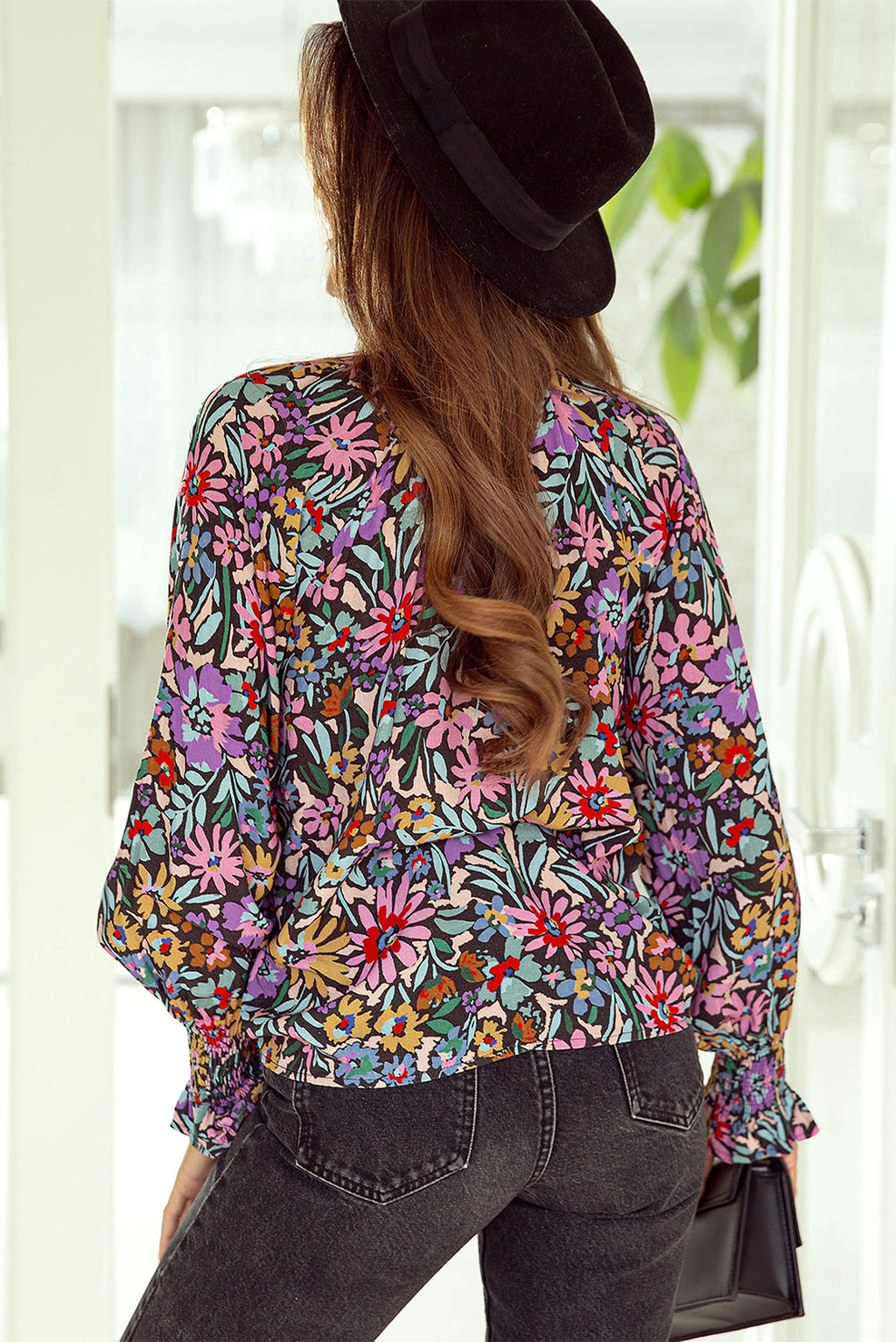 Multicolor Floral Print Ruffled Long Sleeve V-Neck Blouse - enhanced image 2