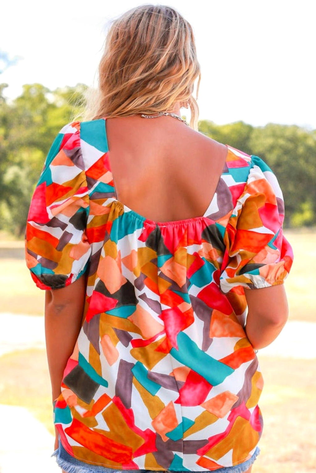 Multicolor Square Neck Abstract Print Short Sleeve Blouse - enhanced image 2