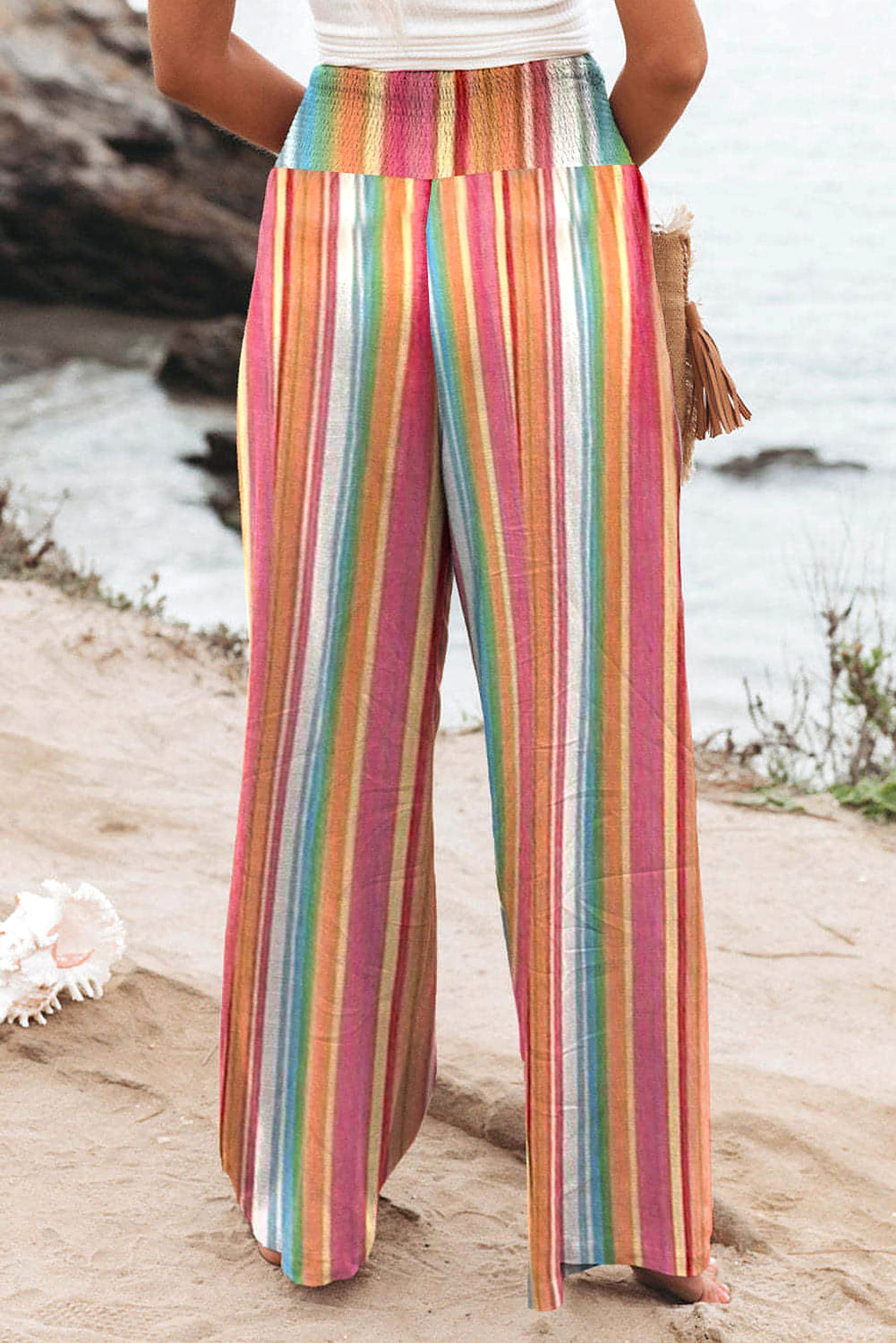 Multicolor Striped Smocked High Waist Wide Leg Pants - enhanced image 2