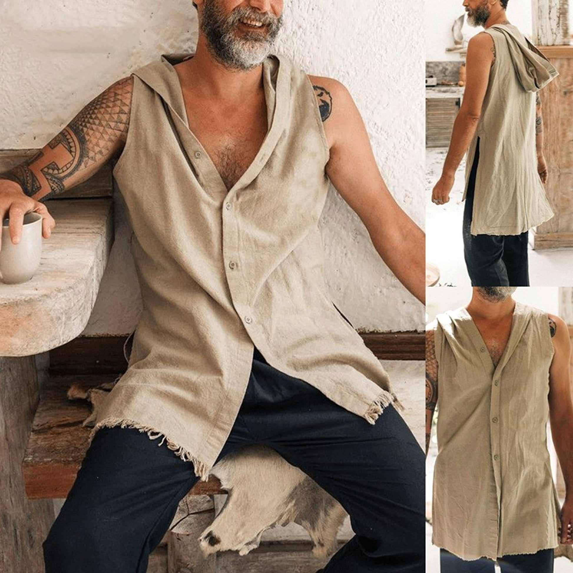 Multicolor Waistcoat Cotton And Linen Washing Vest Sleeve-Less DressShirt Men - enhanced image 2