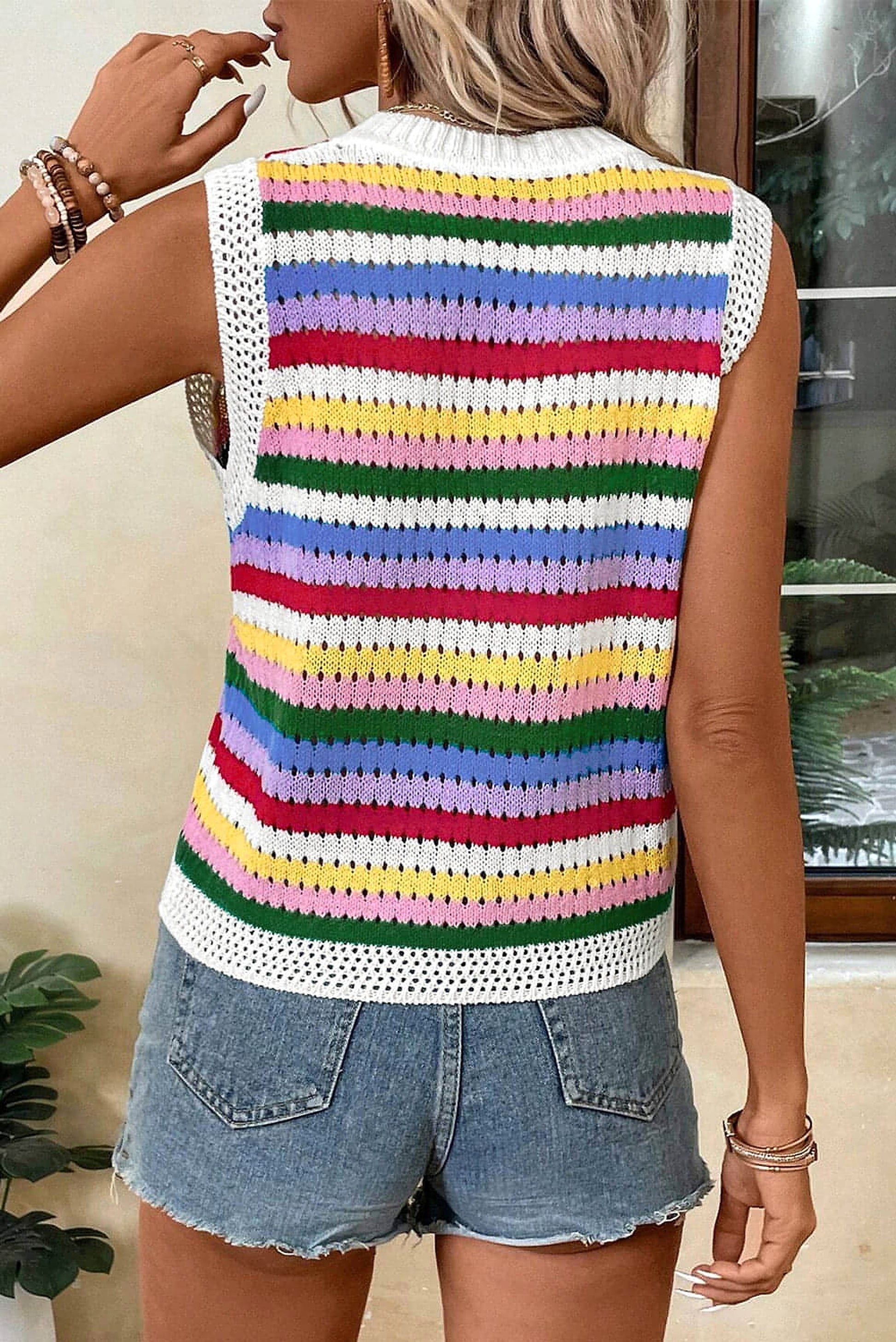 Multicolour Striped Knitted Eyelet Slim Sweater Vest - enhanced image 2