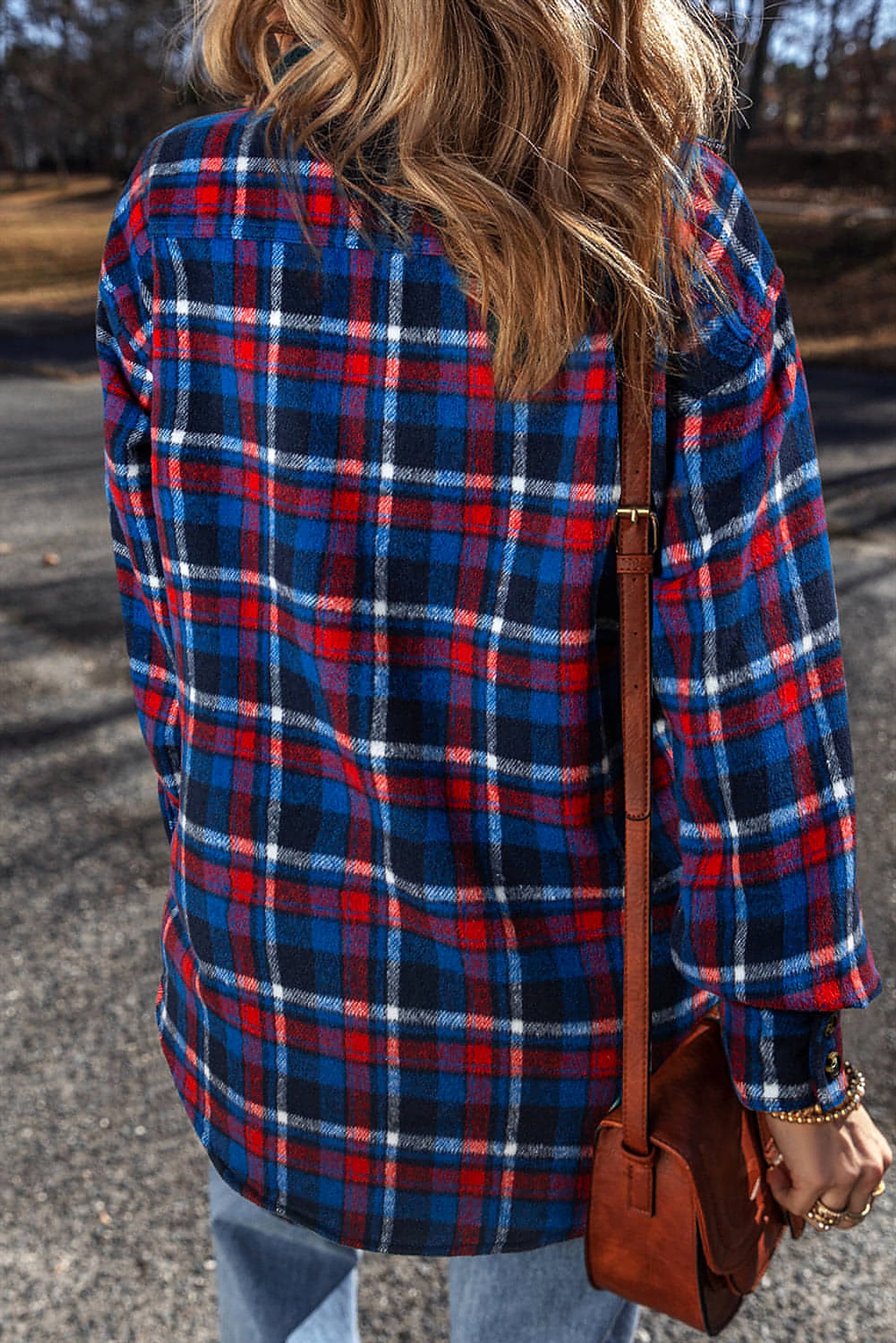 Navy Blue Plaid Flap Pocket Button Up Shacket - enhanced image 2