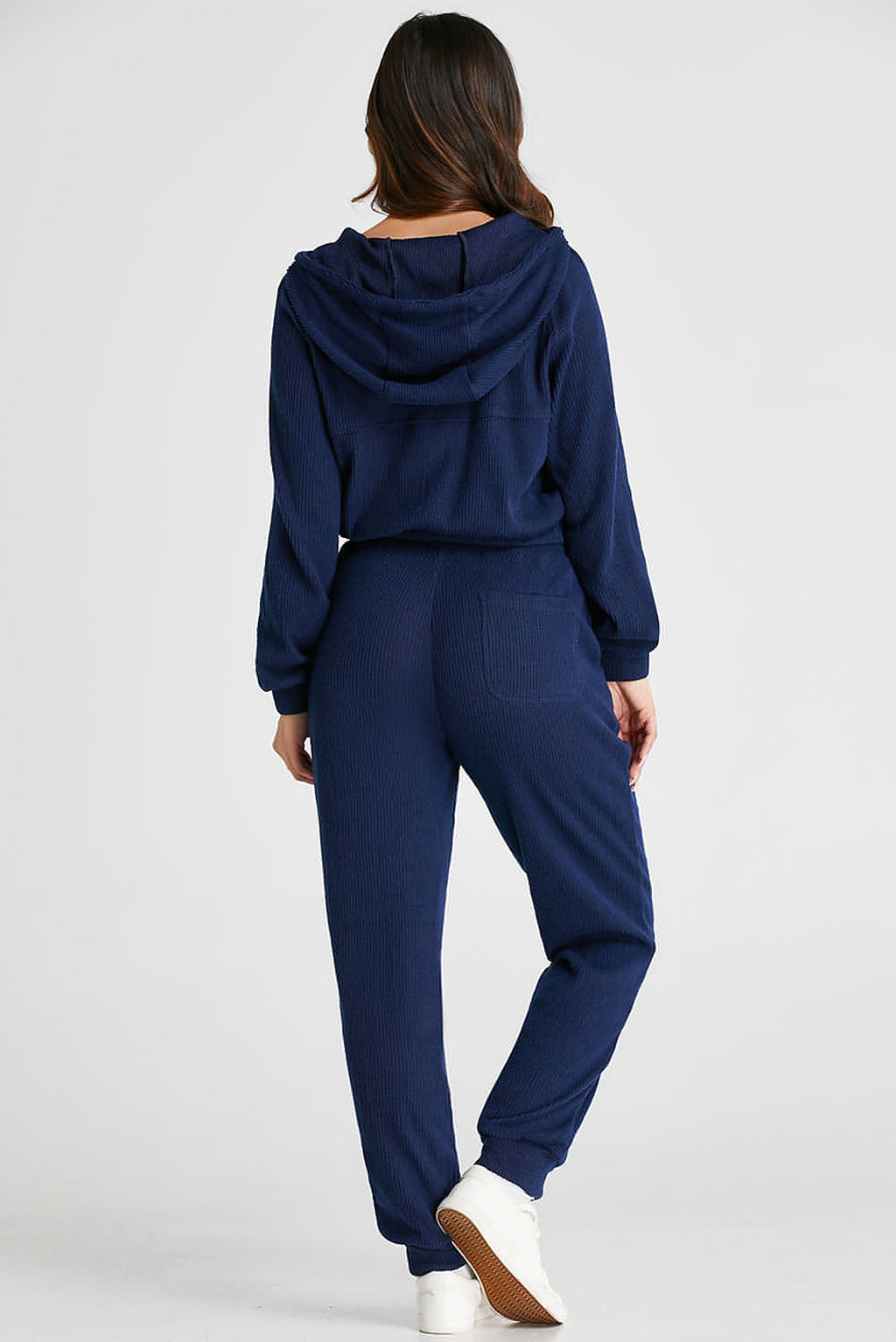 Navy Blue Ribbed Knit Cropped Hoodie and Drawstring Joggers Set - enhanced image 2