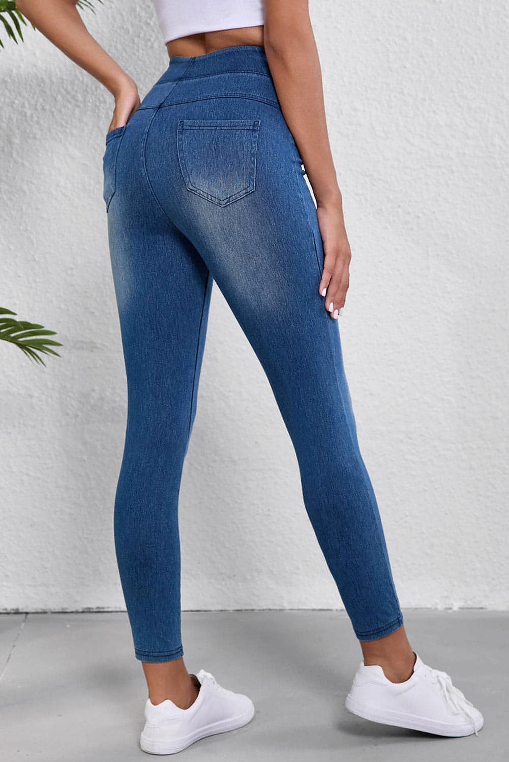 Navy Blue Skinny Elastic Waist Ankle Length Mid Waist Jeggings with Pockets - enhanced image 2