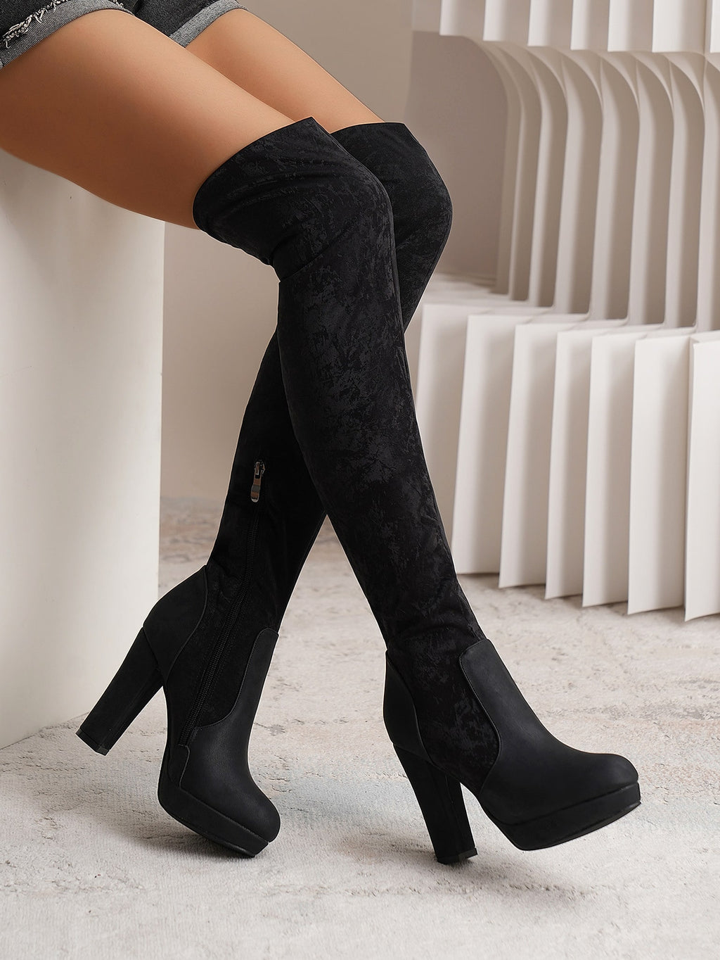New Long Boots For Women Elastic Suede High Square Heel Over-the-knee Boots Fashion Party Shoes Winter - enhanced image 2