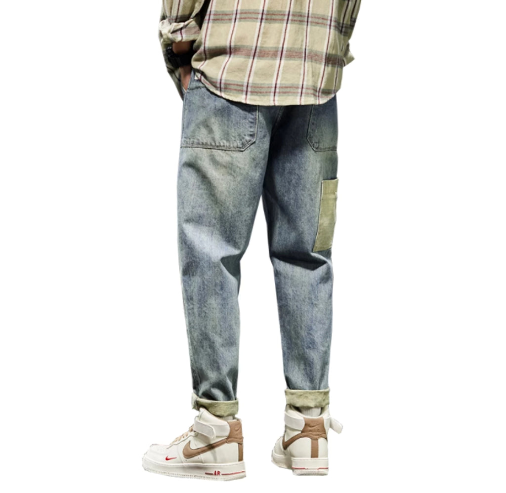 New Trendy Loose Straight Tube Haren Workwear Nine Quarter Jeans - enhanced image 2