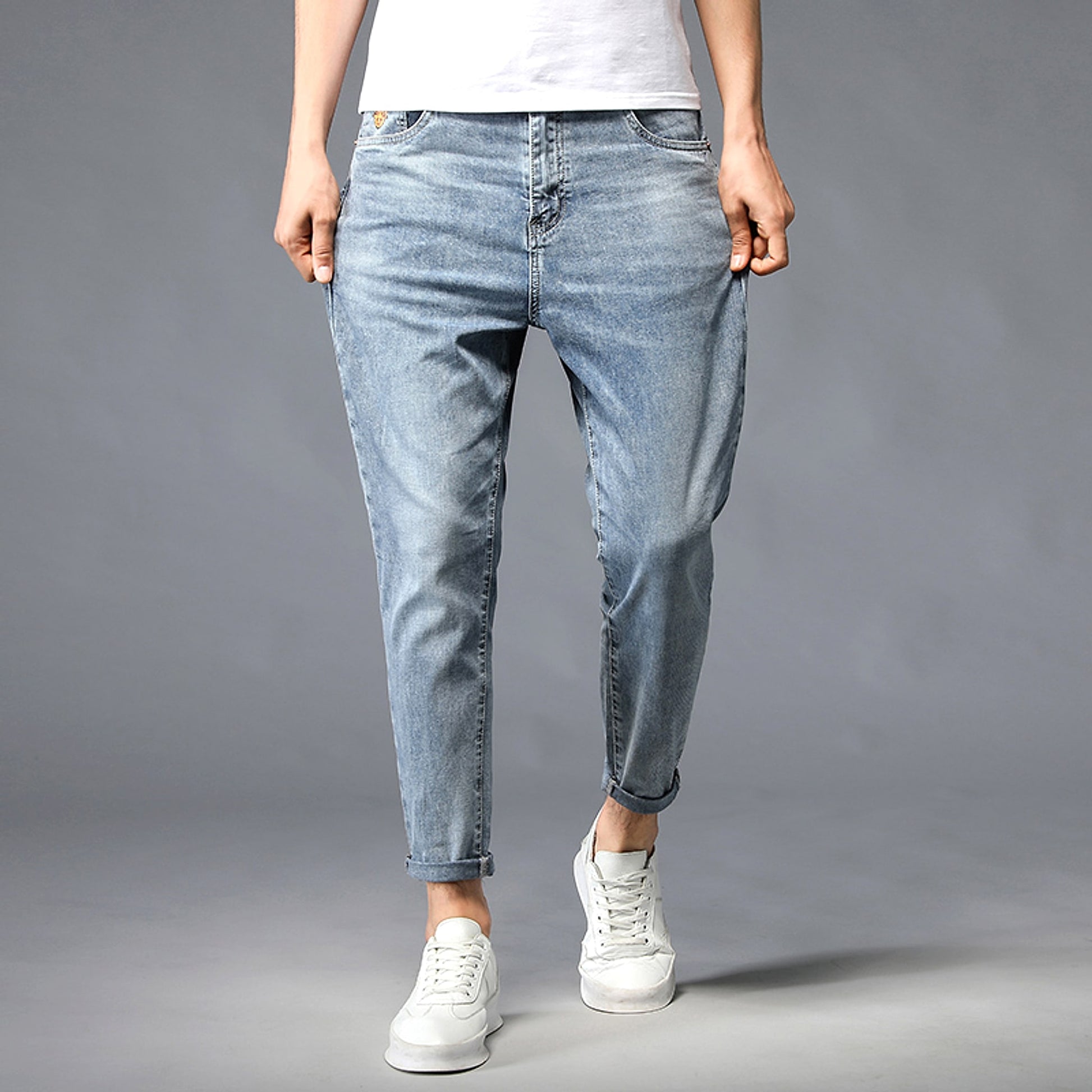 Nine-Point Washed Small Feet Jeans Straight-Leg Pants Men - enhanced image 2