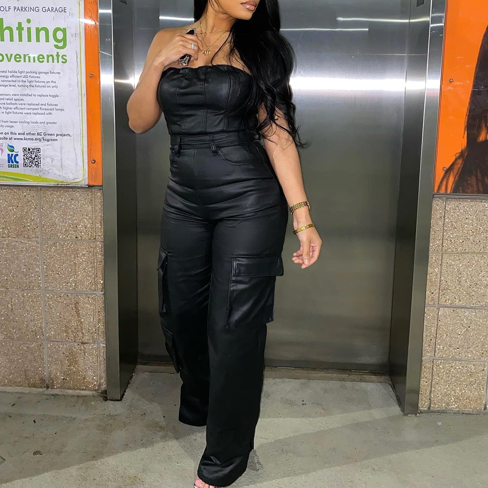 A1. Off-the-shoulder Tube Top Tight-fitting Cinched PU Leather Jumpsuit - enhanced image 2