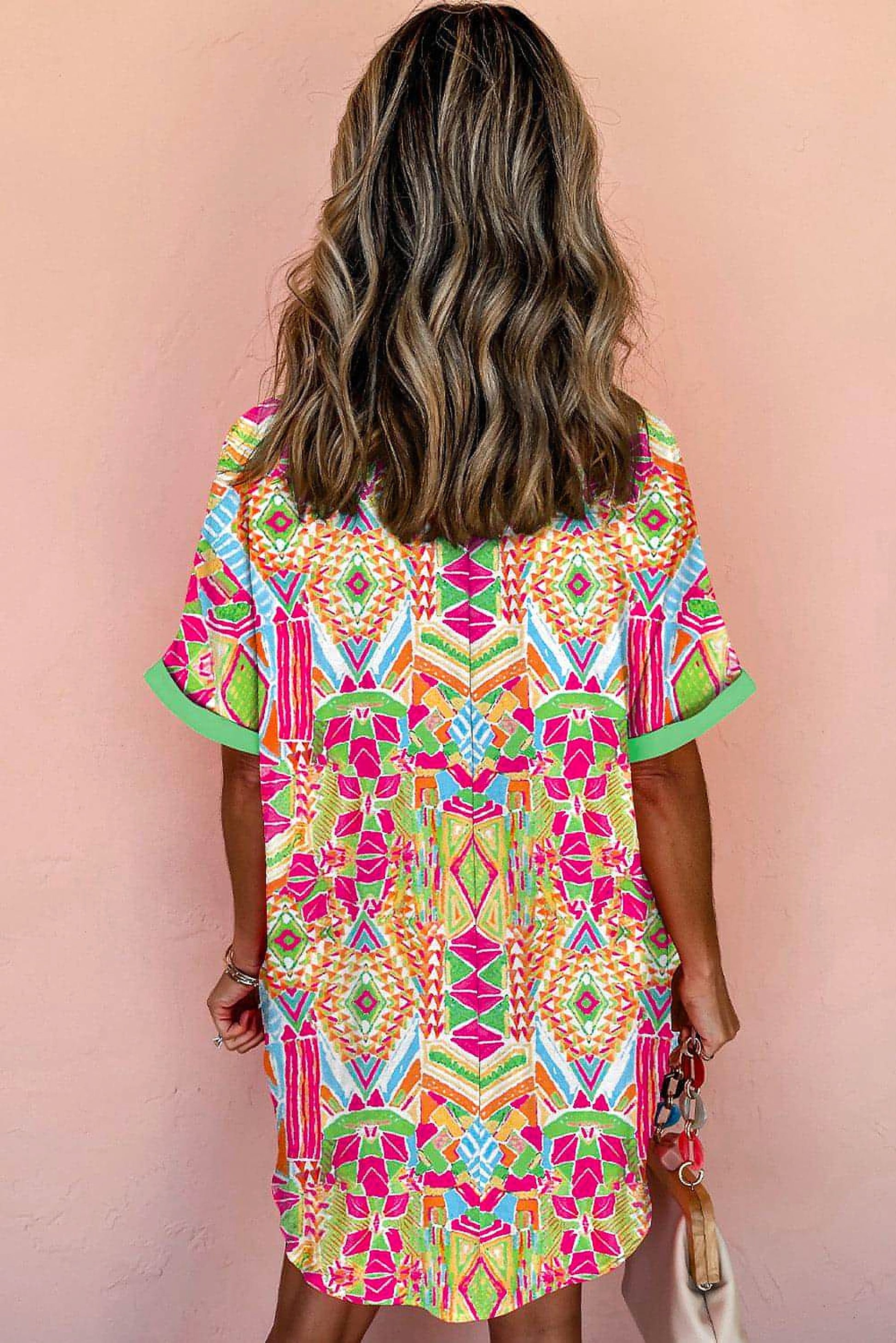 Orange Geometric Print Contrast Short Sleeve Shirt Dress - enhanced image 2