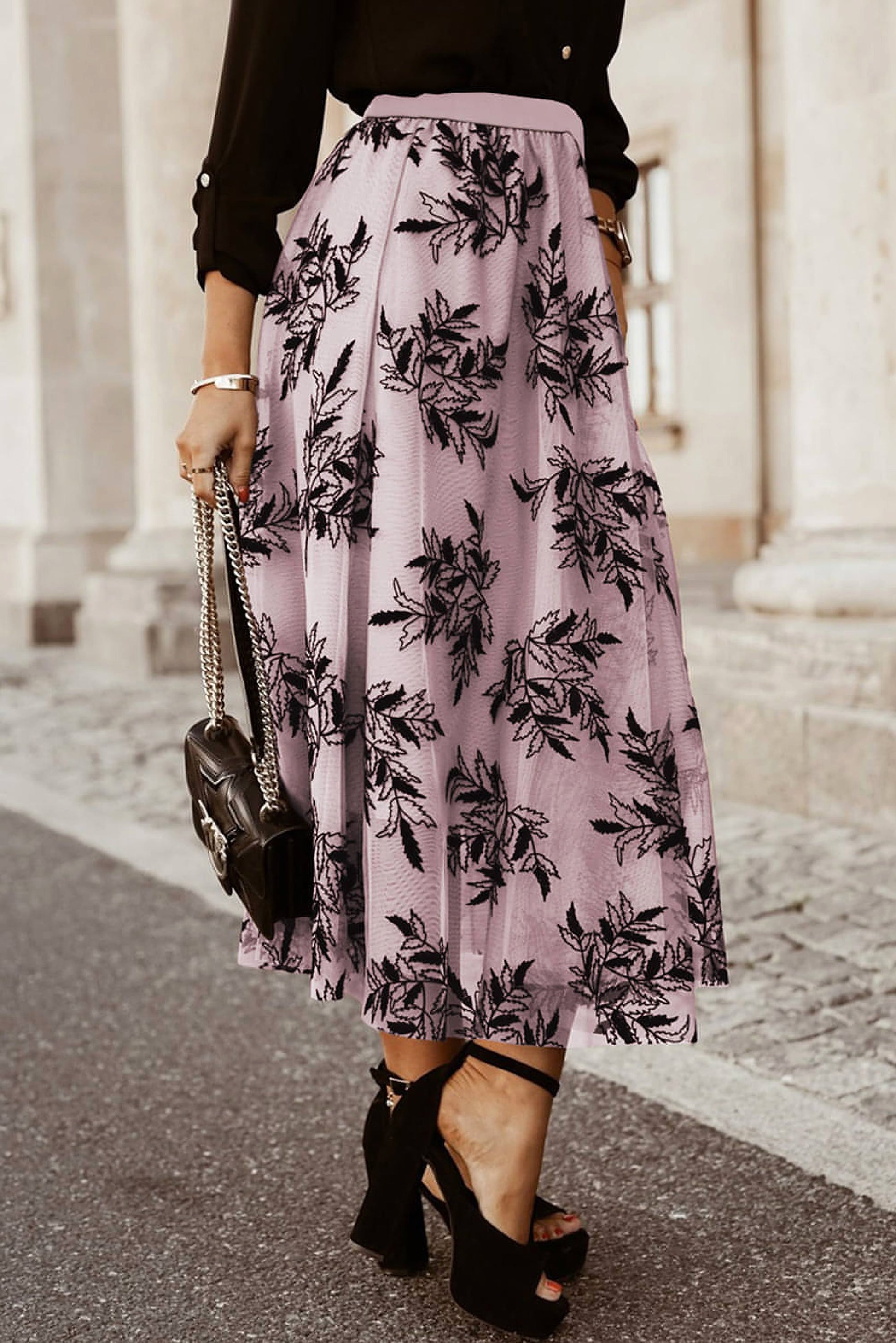 Peach Blossom Floral Leaves Embroidered High Waist Maxi Skirt - enhanced image 2