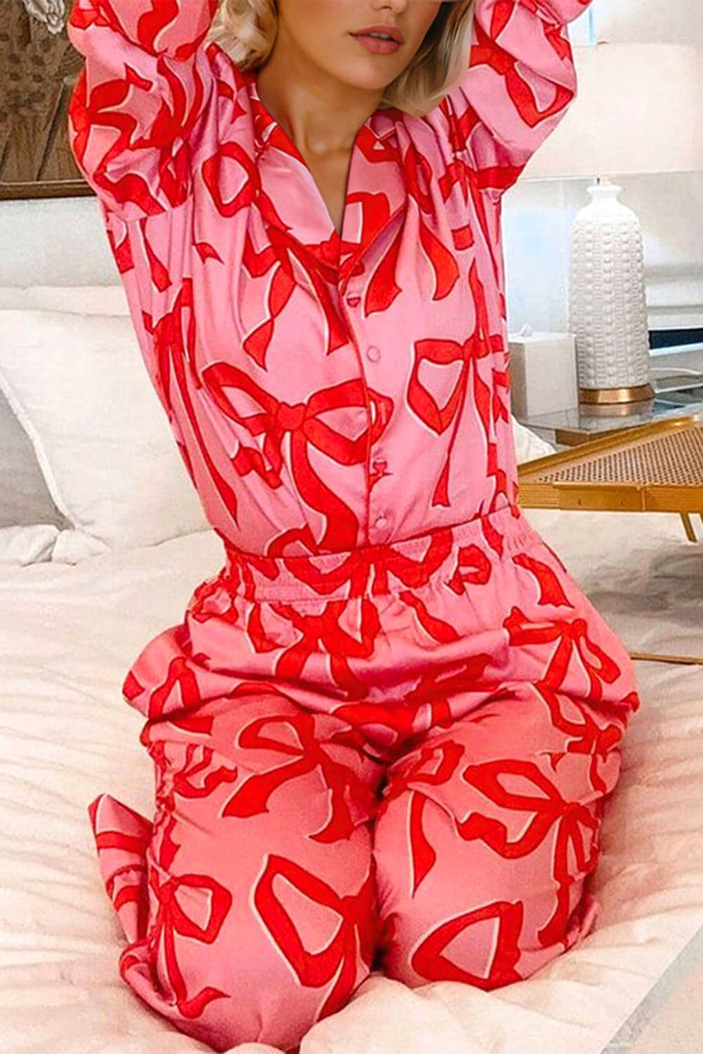 Pink 2pcs Bow Print Shirt Style Long Sleeve Pajama Set - enhanced image 2