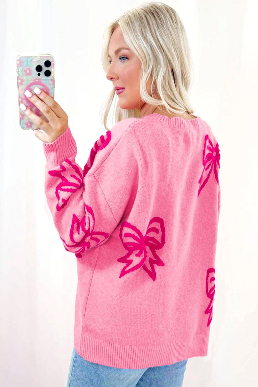 Pink Bow Pattern Drop Shoulder Loose Sweater - enhanced image 2