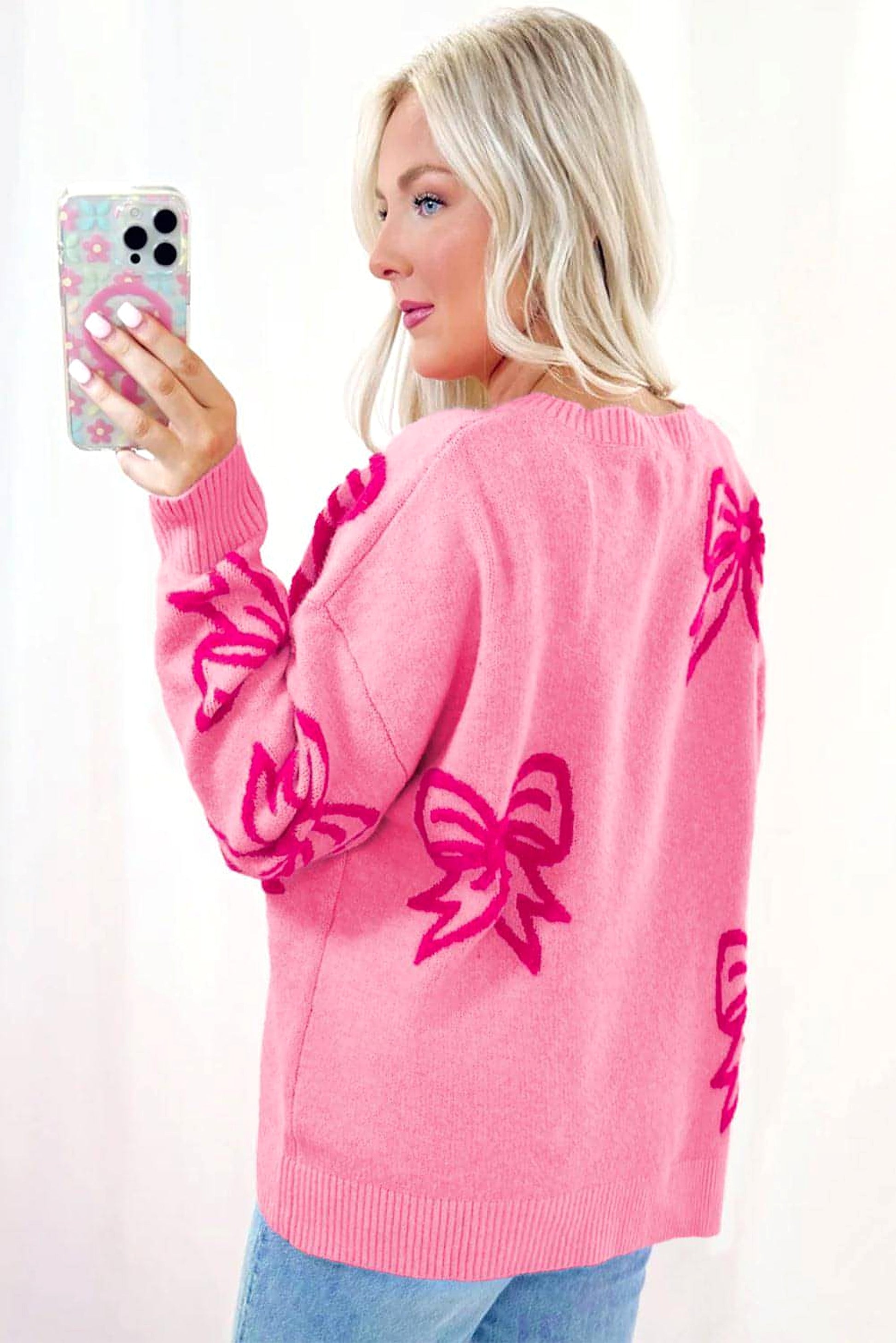 Pink Bow Pattern Drop Shoulder Loose Sweater - enhanced image 2