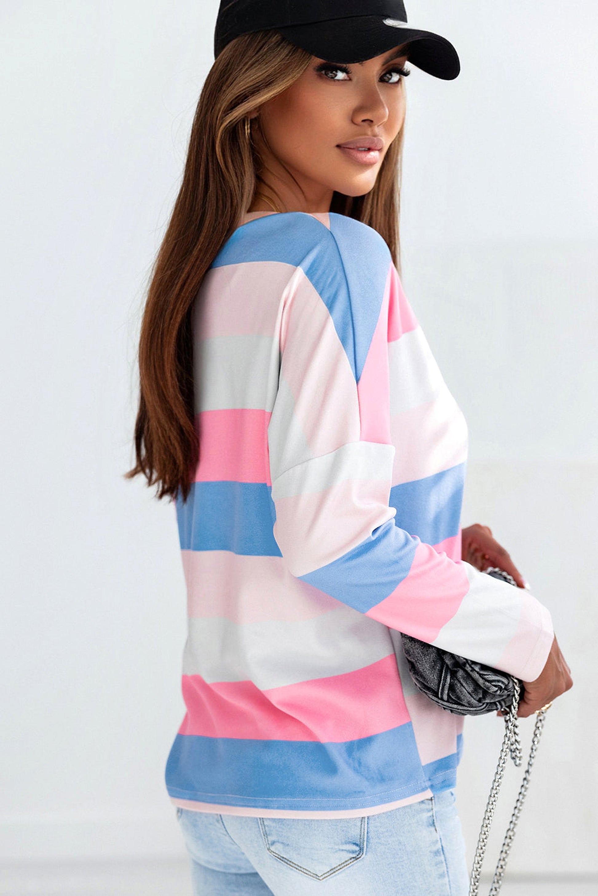 Pink Contrast Striped V Neck Long Sleeve Top - enhanced image 2