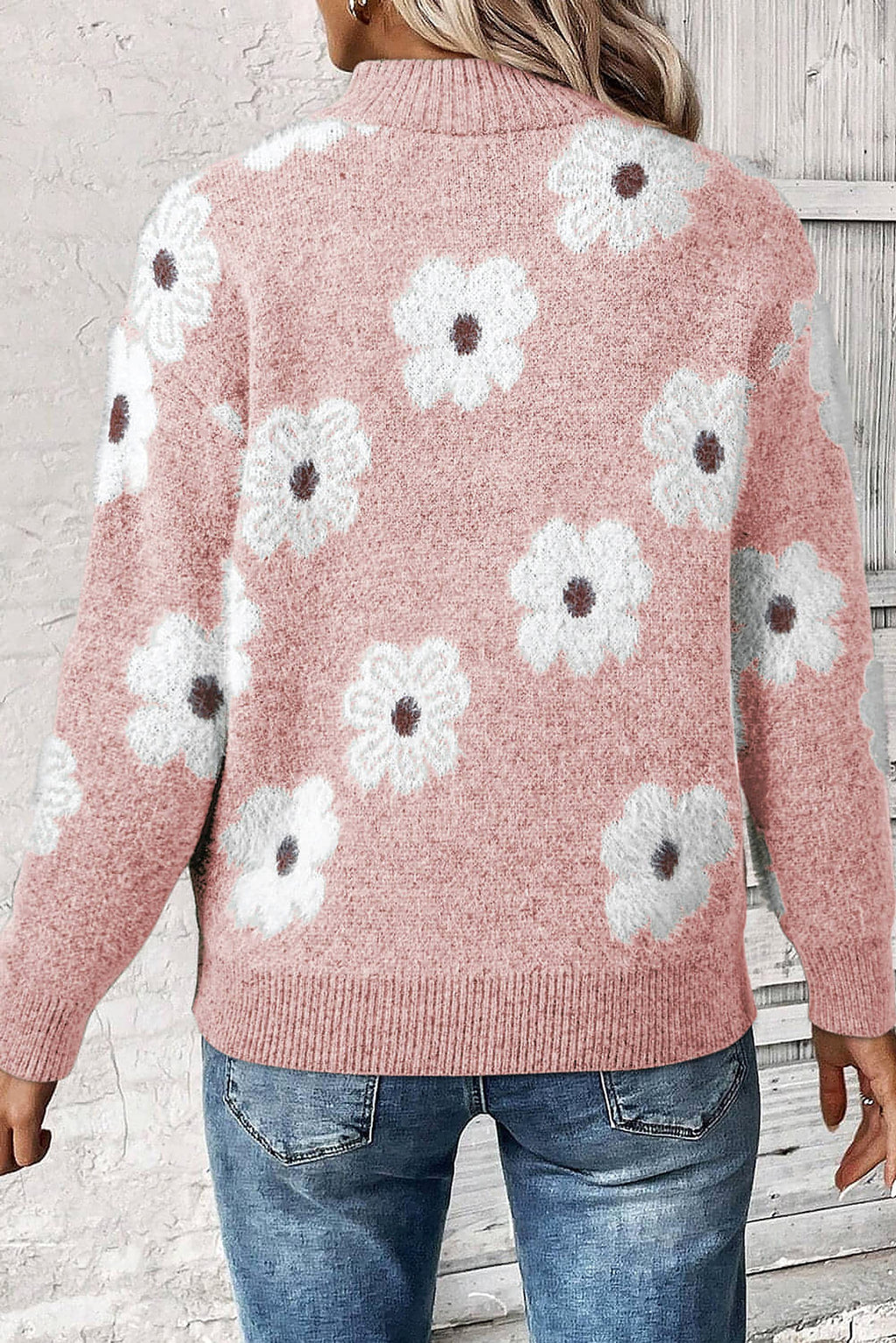 Pink Floral Pattern Half Zip Drop Shoulder Sweater - enhanced image 2