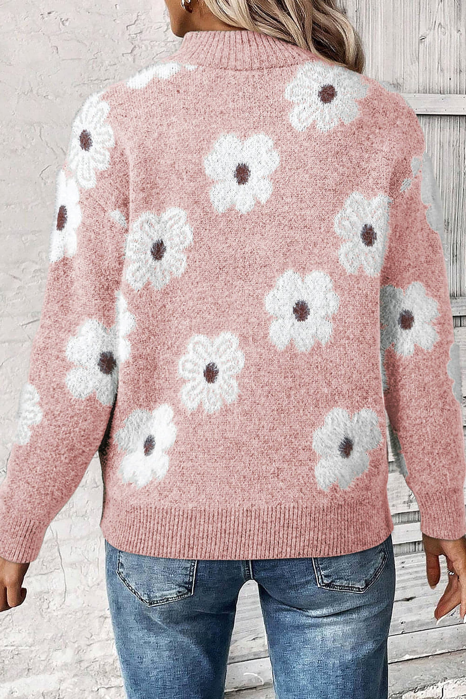 Pink Floral Pattern Half Zip Drop Shoulder Sweater - enhanced image 2
