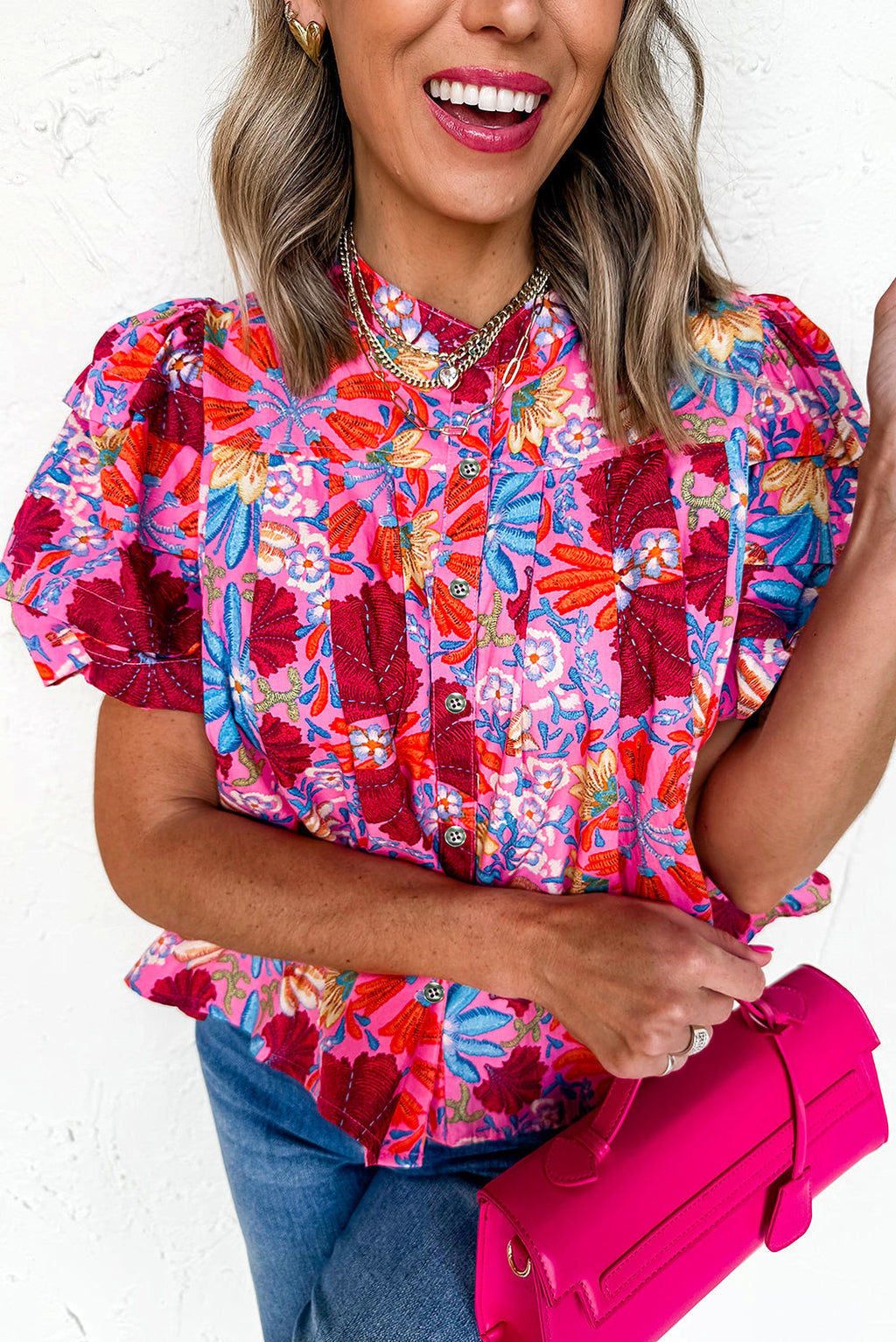 Pink Floral Print Bubble Sleeve Button Up Pleated Shirt - enhanced image 2