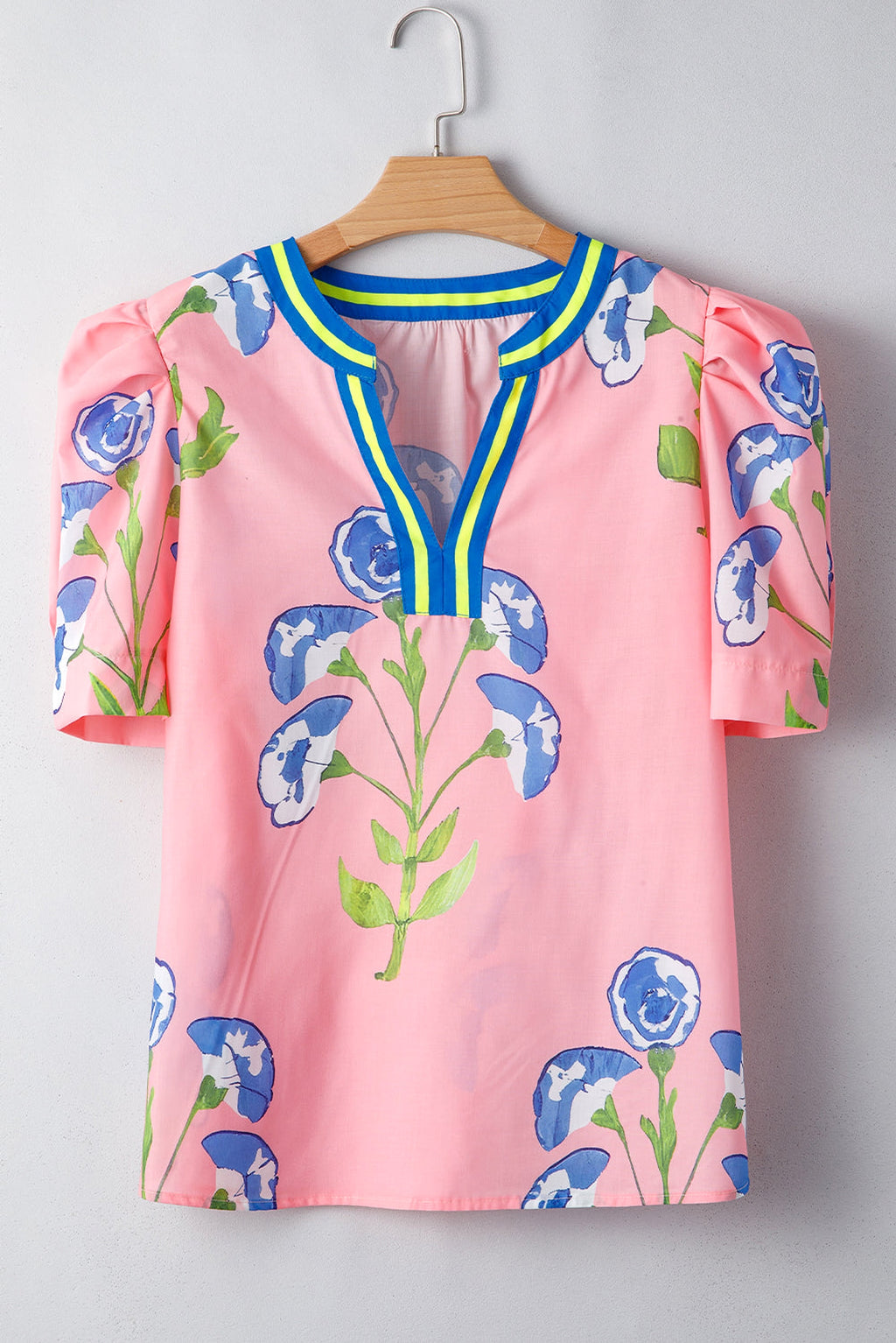 Pink Floral Print Striped Notched V Neck Bubble Sleeve Blouse - enhanced image 2