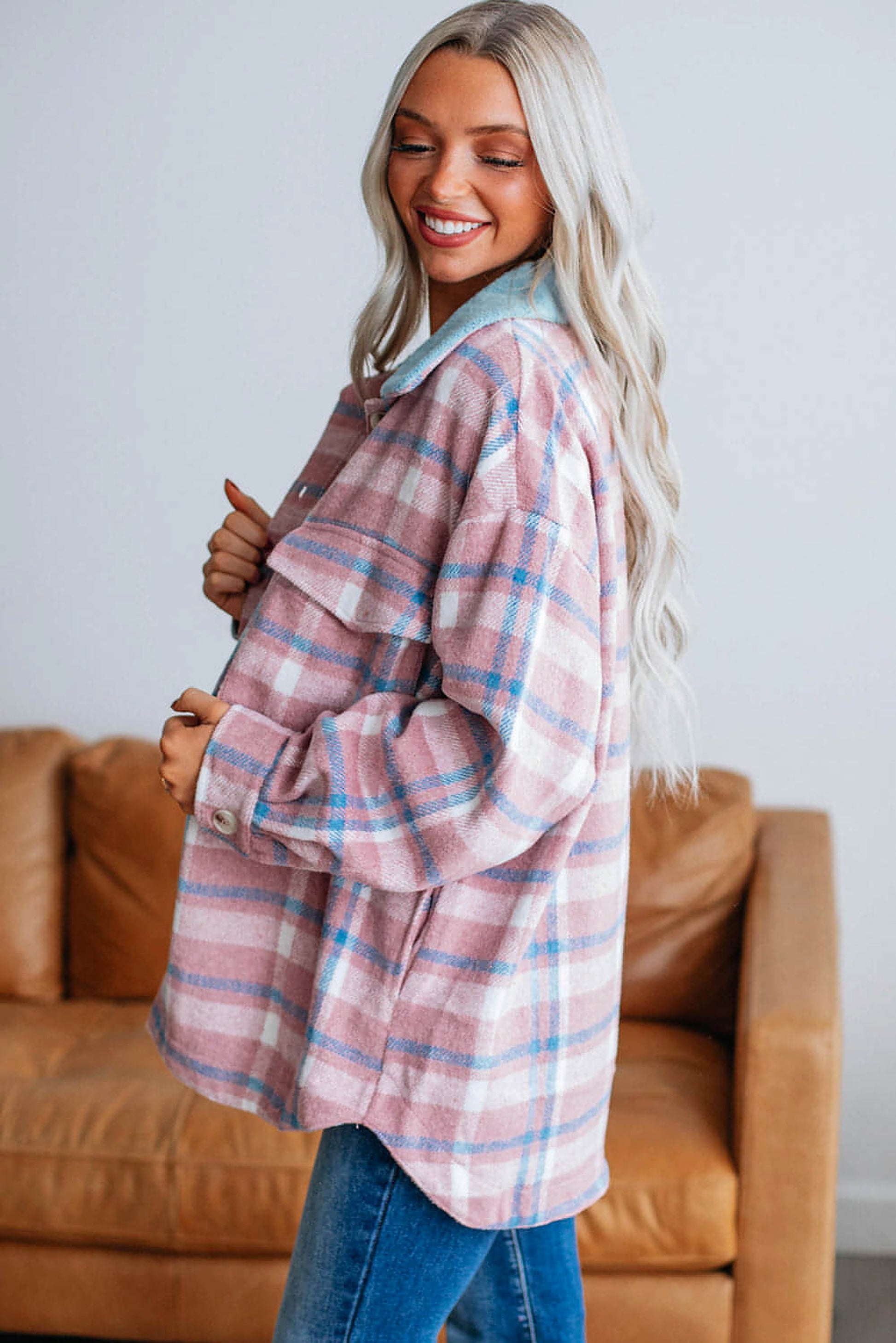 Pink Plaid Print Color Block Collared Flap Pockets Loose Shacket - enhanced image 2