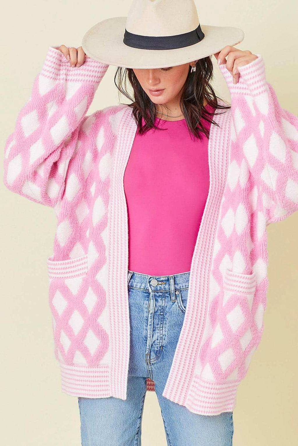 Pink Rhombus Pattern Knit Open Front Pocketed Cardigans - enhanced image 2