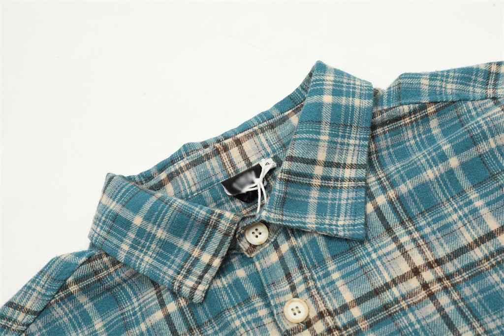 Plaid Long Sleeve DressShirt Casual Polo Collar Raw Edge Men - enhanced image 2