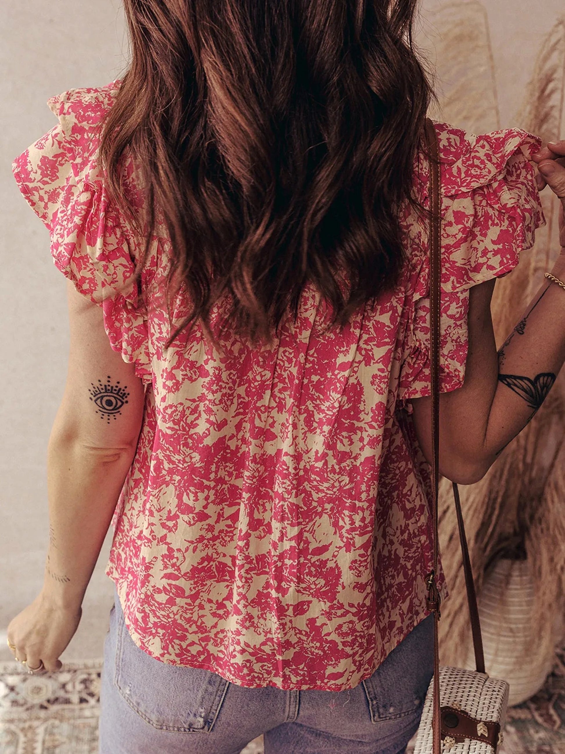 Printed Half Button Neck Ruffle Sleeve Blouse - enhanced image 2
