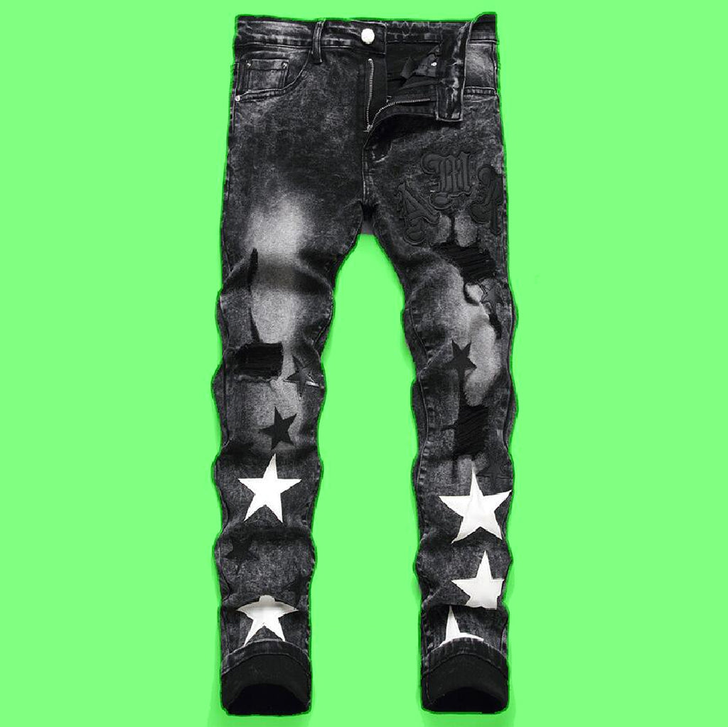 Punk Men's Jeans Hole Embroidery Five-pointed Star - enhanced image 2