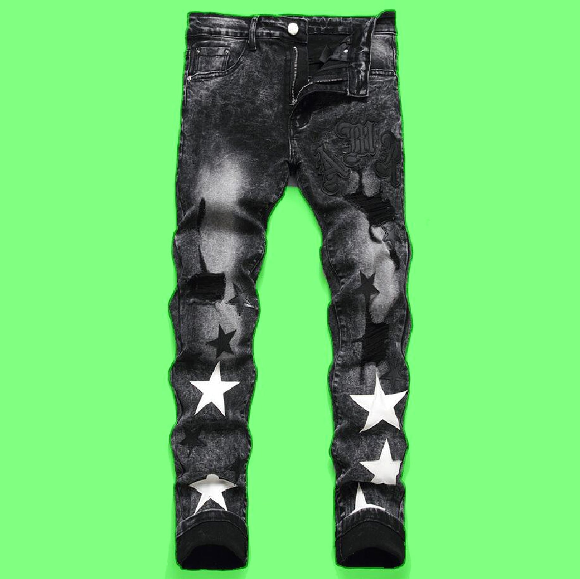 Punk Men's Jeans Hole Embroidery Five-pointed Star - enhanced image 2