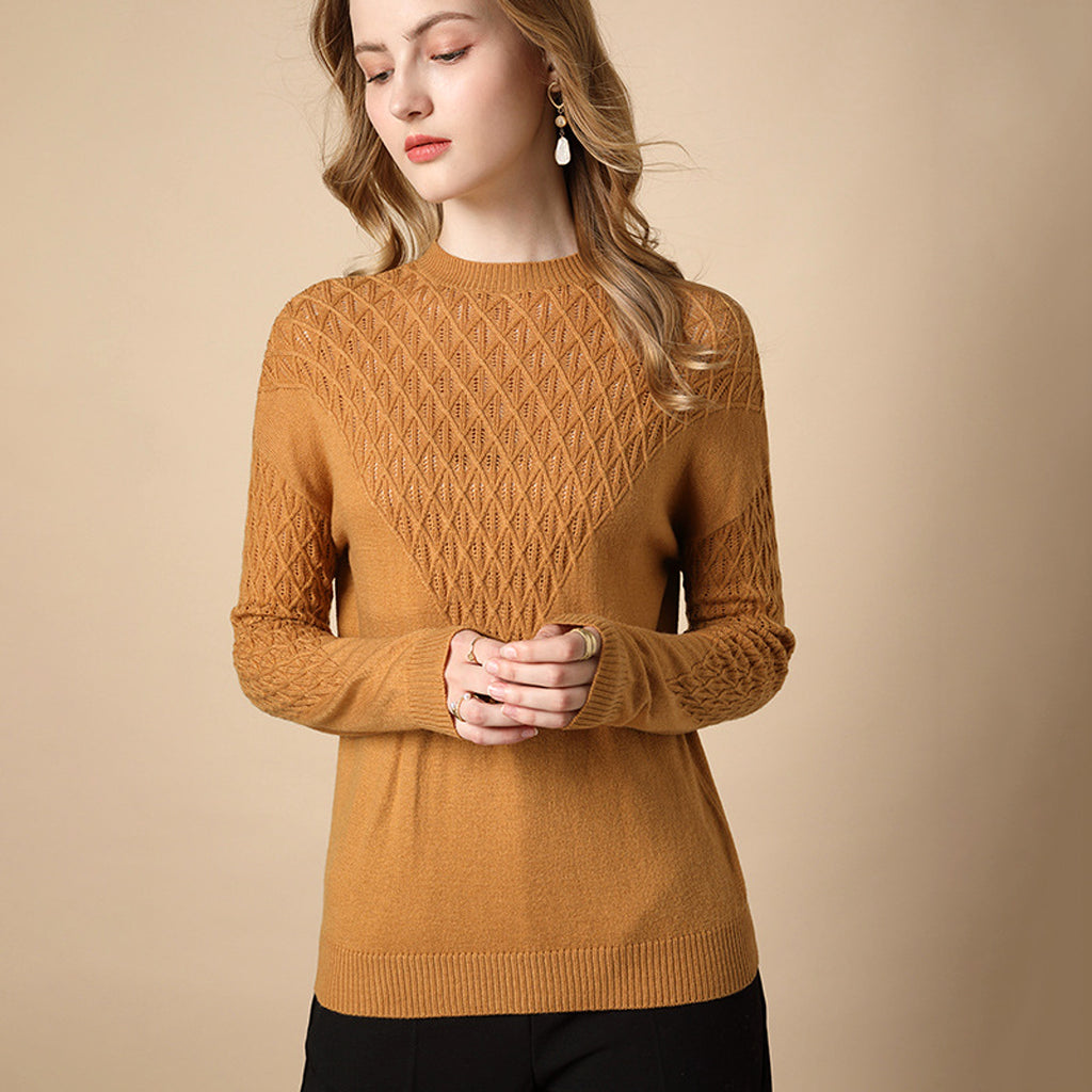 Pure Color Hollow Knitted Sweater Women Half High Fashion - enhanced image 2