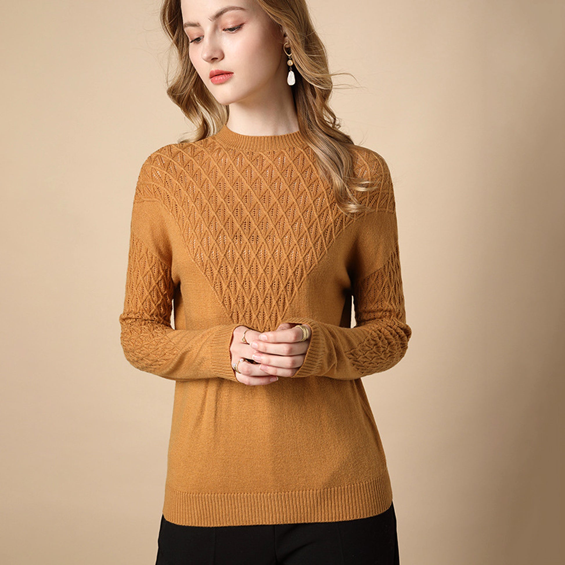 Pure Color Hollow Knitted Sweater Women Half High Fashion - enhanced image 2