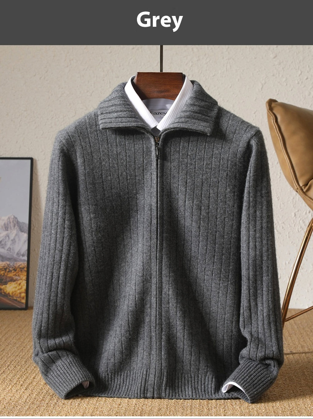 Pure Wool Sweater Men's Lapel Full Zipper - enhanced image 2