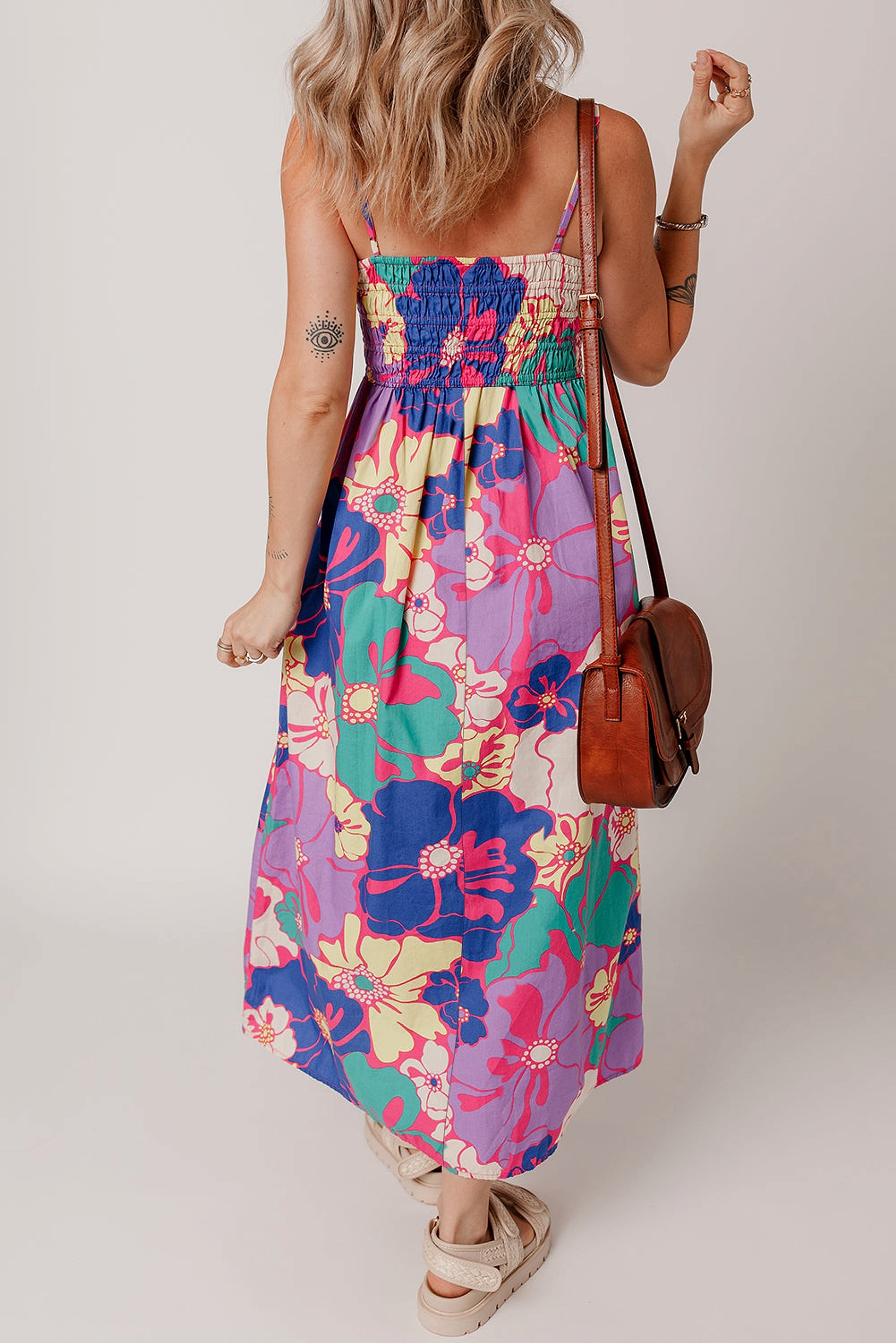 Purple Floral Print Shirred Spaghetti Strap Loose Maxi Dress - enhanced image 2