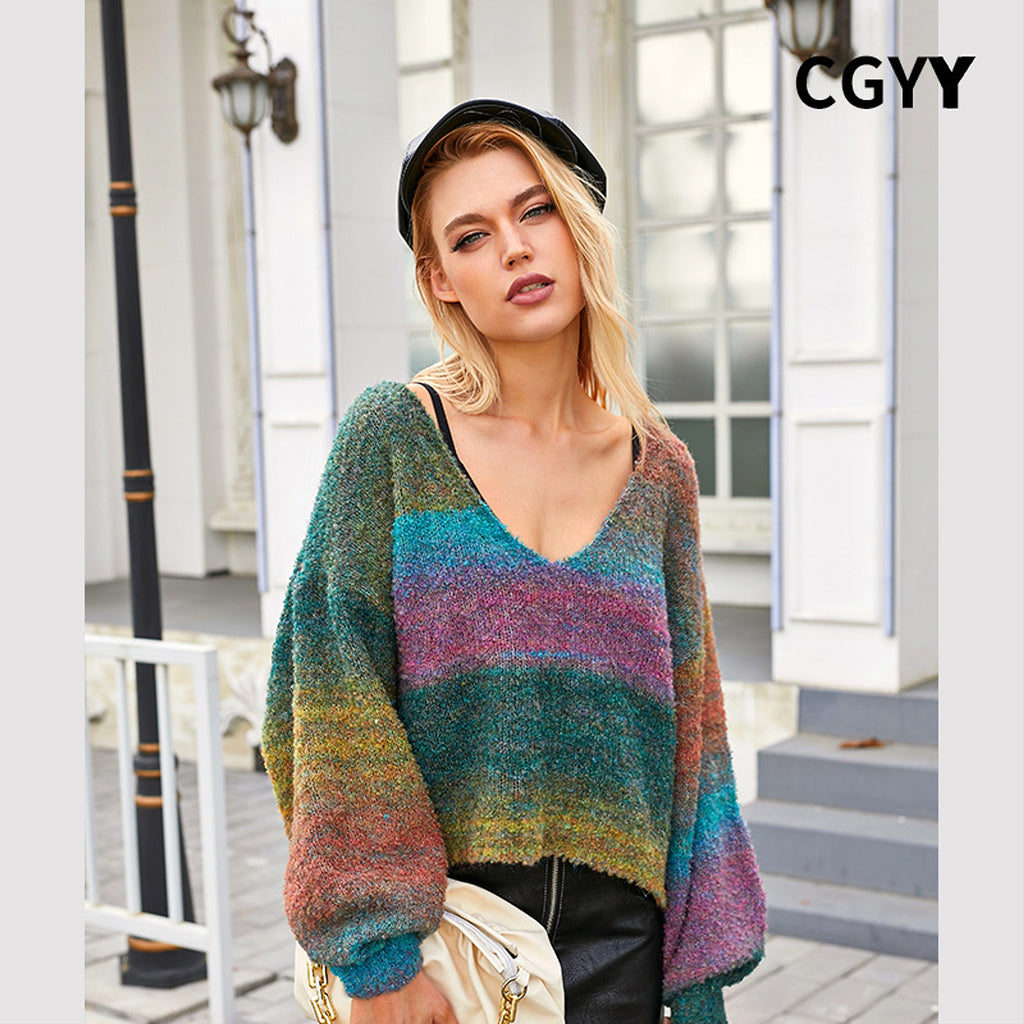Rainbow Striped V-neck Sweater Loose-fitting Women - enhanced image 2