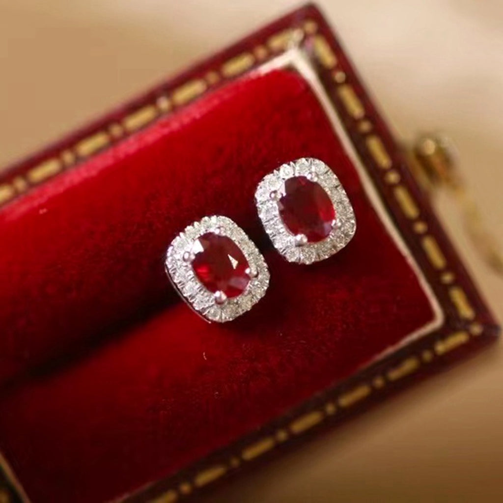 Real Gold Natural Ruby Diamond Stud Earrings Pigeon Blood Red Color - enhanced image 2