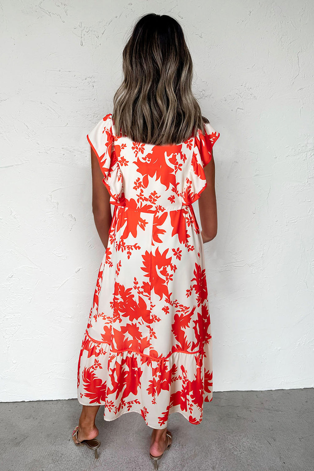 Red Floral Print Trimmed V Neck Ruffle Sleeve Long Dress - enhanced image 2