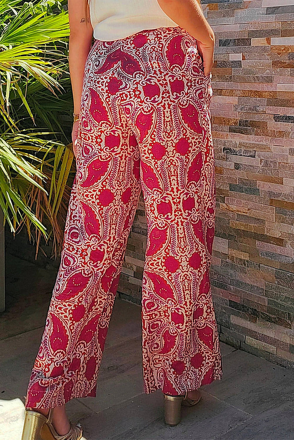 Red Paisley Printed Buttoned High Waist Straight Leg Pants - enhanced image 2