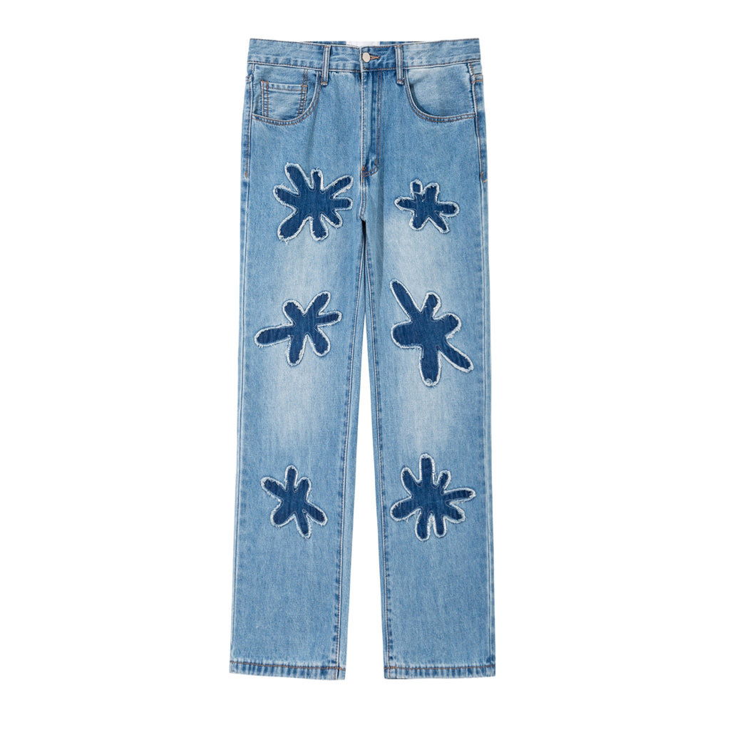 Retro Burnt Flowers Niche Wash Old Jeans For Men - enhanced image 2
