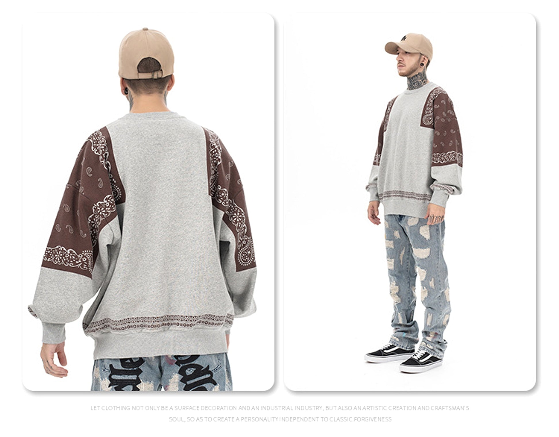 Retro Paisley Stitching Fleece-lined Crew Neck Sweater - enhanced image 2