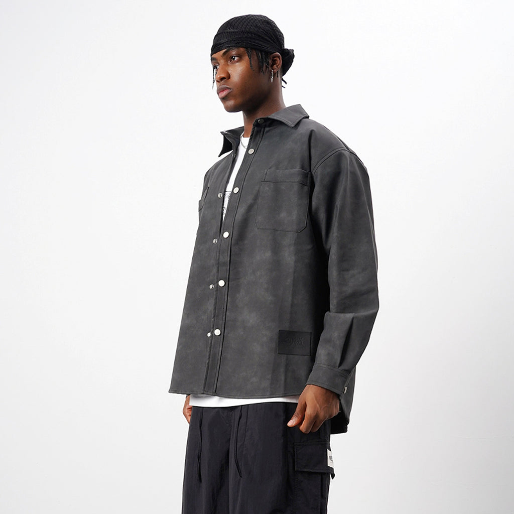 Retro Street Style Washed-out PU Leather DressShirt Men - enhanced image 2