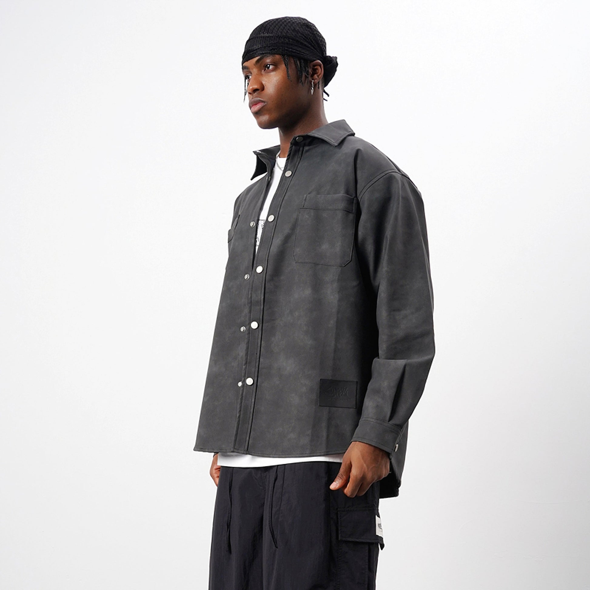 Retro Street Style Washed-out PU Leather DressShirt Men - enhanced image 2