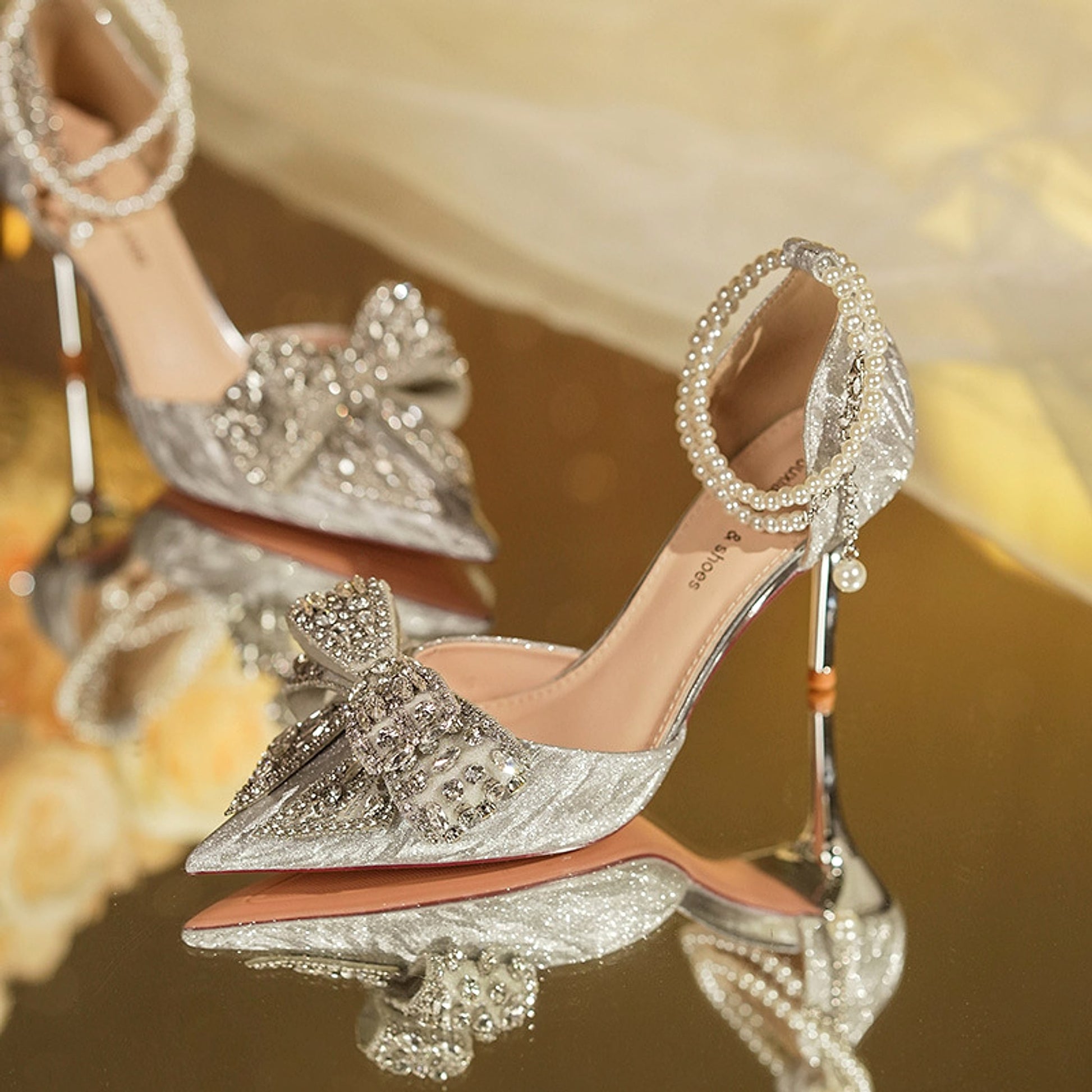 Rhinestone Bow Pointy Hollow Pearl Heels - enhanced image 2