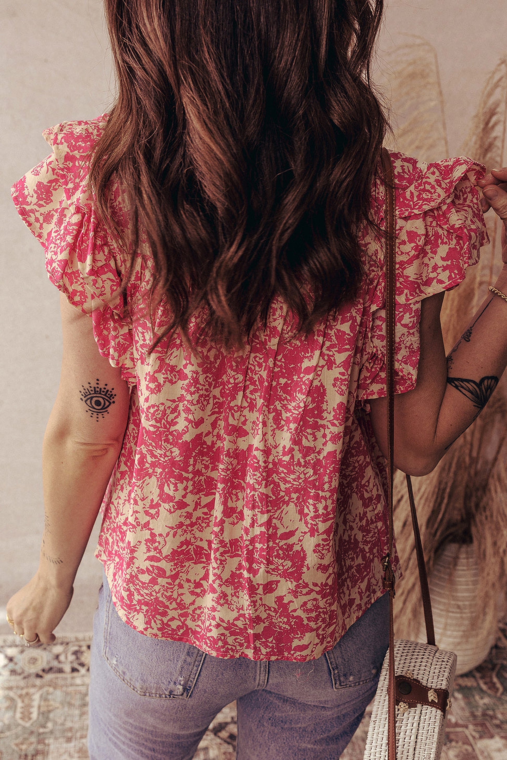 Rose Allover Printed Half Button Neck Ruffle Sleeve Blouse - enhanced image 2